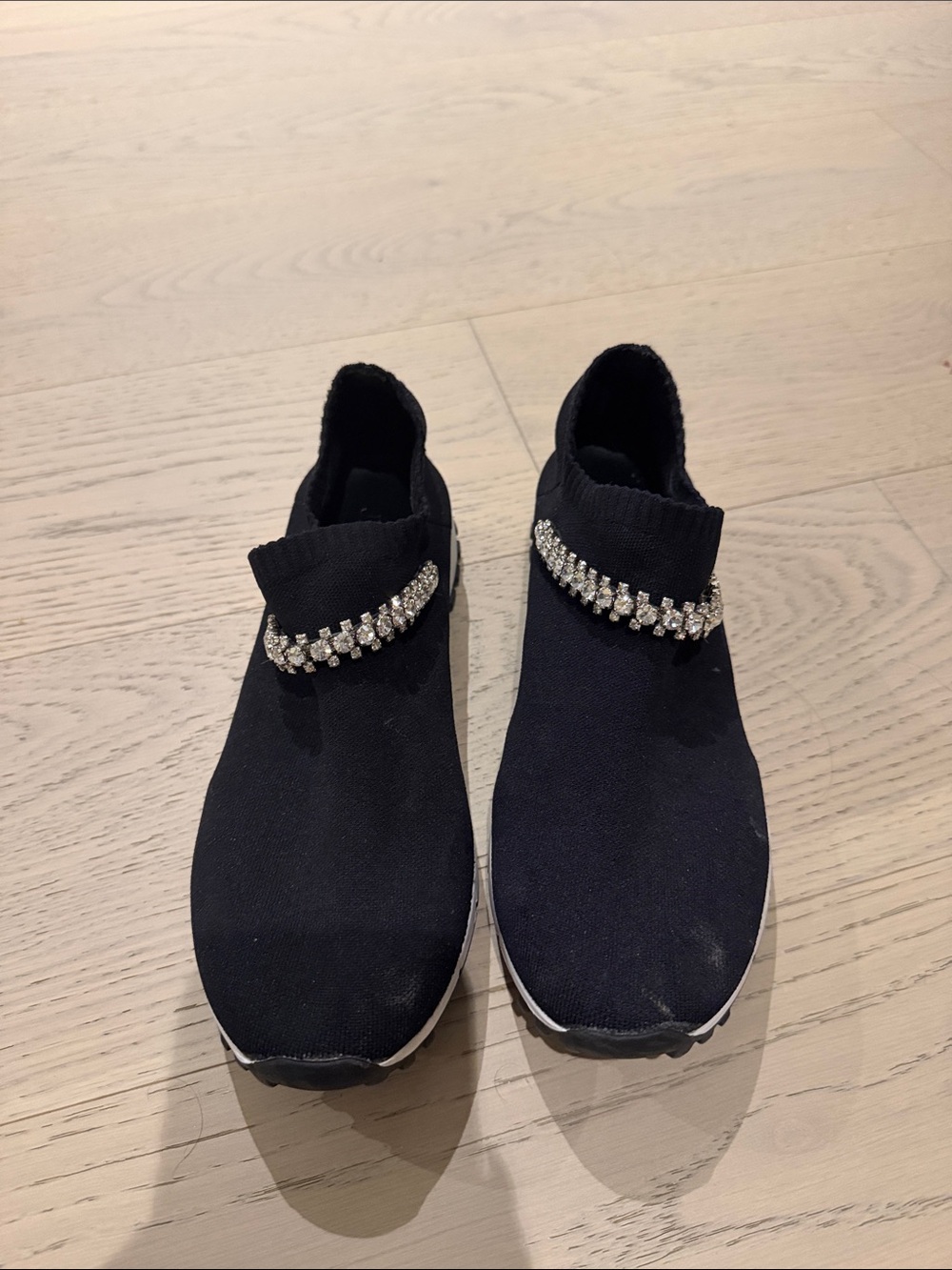 Jimmy Choo Black Knit Slip-On Sneakers with Crystal Chain